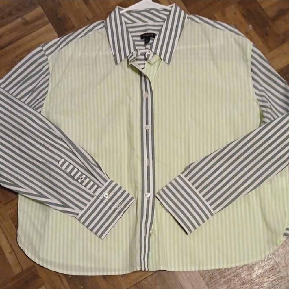 TALBOTS Womens Size L Two Tone Stripped Green Button Down Dress Shirt NWT